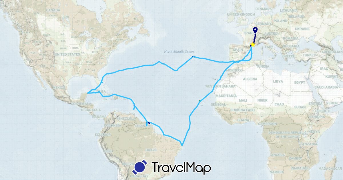 TravelMap itinerary: driving, bus, hiking, boat, bateau, bus + transport en commun, à pied in Brazil, Cape Verde, Spain, France, Guadeloupe, Saint Martin, Martinique, Mexico, Portugal, Saint Vincent and the Grenadines (Africa, Europe, North America, South America)