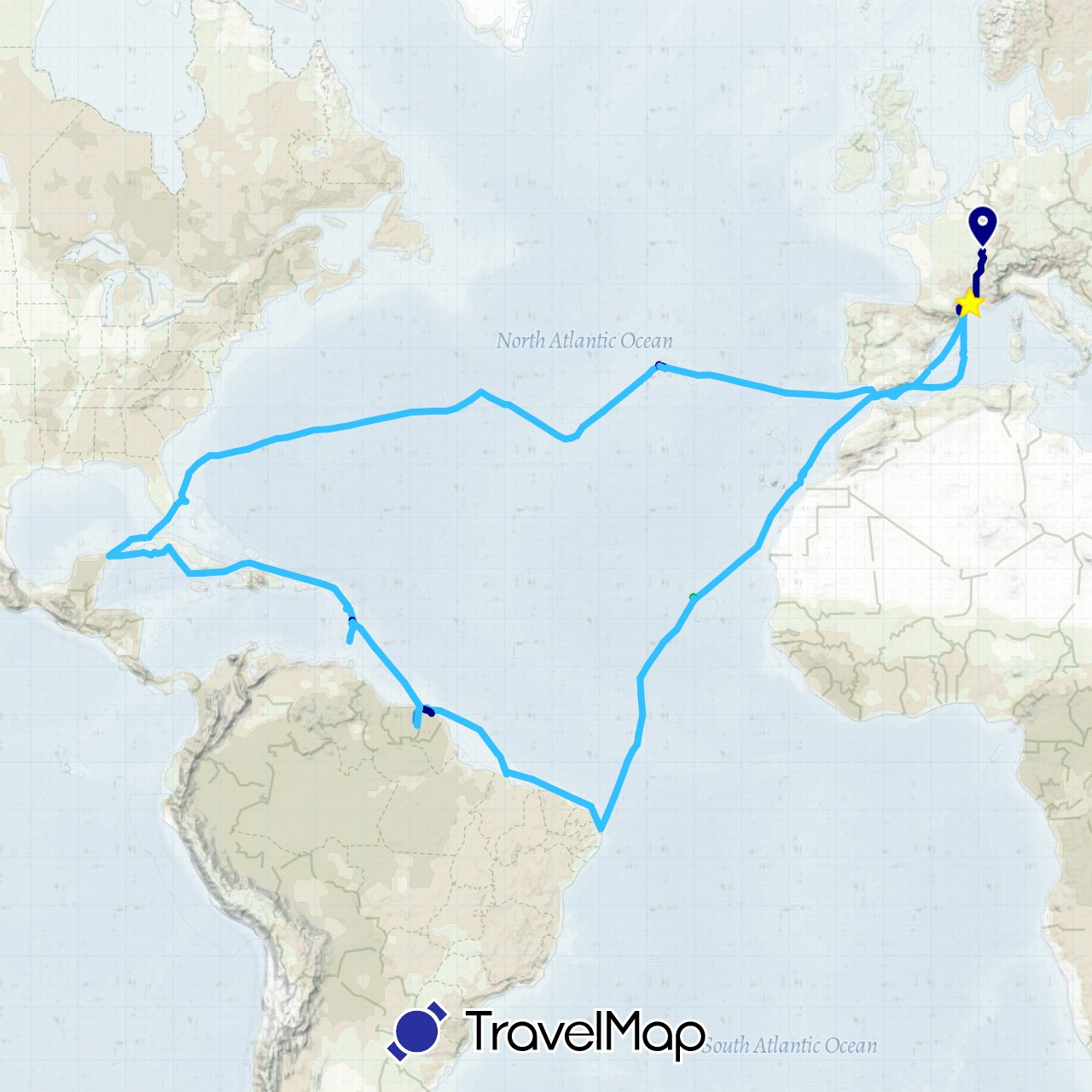 TravelMap itinerary: driving, bus, hiking, boat, bateau, bus + transport en commun, à pied in Brazil, Cape Verde, Spain, France, Guadeloupe, Saint Martin, Martinique, Mexico, Portugal, Saint Vincent and the Grenadines (Africa, Europe, North America, South America)